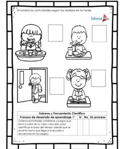 El Cuadernillo de Trabajo para Conocer la Mañana, Tarde y Noche presenta cuatro dibujos en blanco y negro de niños realizando actividades cotidianas, con recuadros vacíos para secuenciar y ayudar a los niños a identificar la mañana, la tarde y la noche en español.