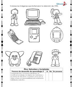 La hoja de trabajo Planeación Cambios con el Tiempo para Preescolar presenta seis elementos de la década de 1990 -chico con gorra, niña saludando, Game Boy, Tamagotchi, juguete Furby y teléfono con cable- con casillas de verificación para su seguimiento. En blanco y negro para imprimir fácilmente.