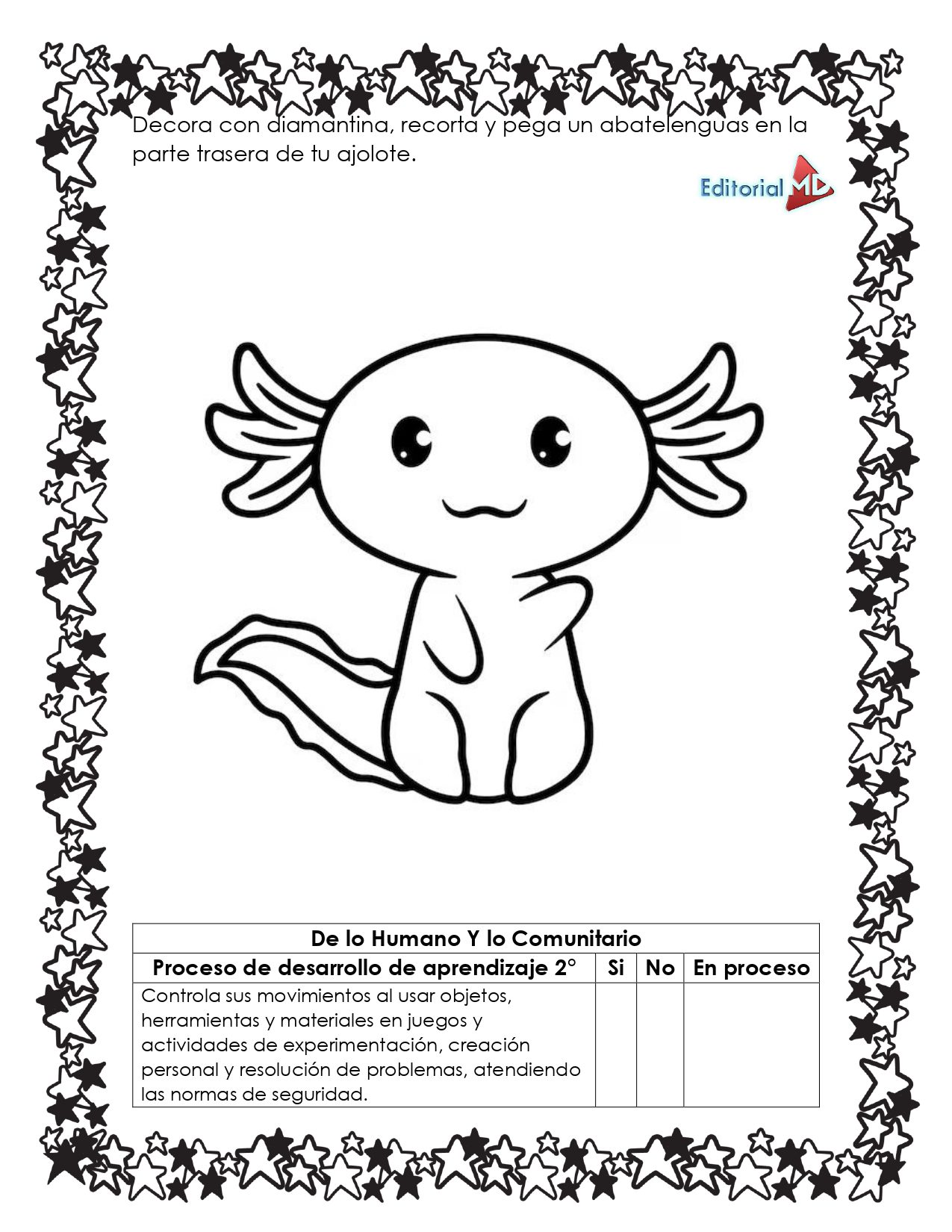 Hojas de Trabajo para Elaborar un Títere 5 El producto "Hojas de Trabajo para Elaborar un Títere" presenta un simpático axolote de dibujos animados centrado en una página blanca con estrellas, instrucciones en español arriba y un gráfico abajo para guiar a los alumnos en la realización de las hojas de trabajo o en la elaboración de un títere.