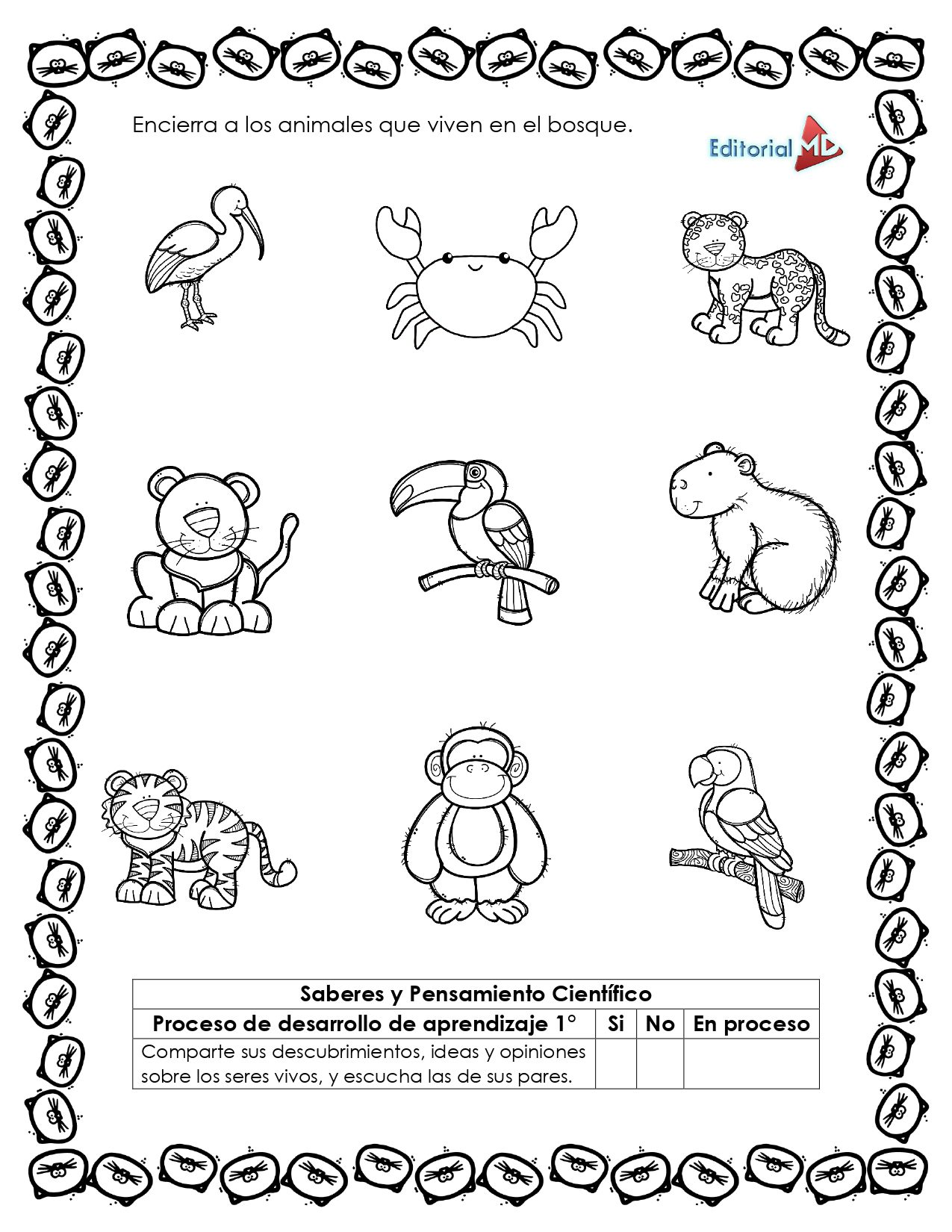 Cuadernillo de Trabajo para Conocer a los Animales 5 Hoja de trabajo en blanco y negro del "Cuadernillo de Trabajo para Conocer a los Animales" con cangrejos, monos, tucanes, osos, tigres y loros. Las instrucciones en español piden rodear los animales del bosque y conocer a los animales.