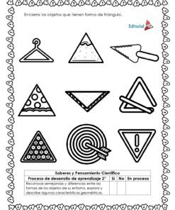 Cuadernillo de Trabajo de las Figuras Geométricas 9 Hoja de trabajo en blanco y negro del Cuadernillo de Trabajo de las Figuras Geométricas para que los niños rodeen triángulos. Incluye imágenes como una rodaja de sandía, una regla, un sombrero de fiesta y una señal de advertencia. Incluye un borde decorativo e instrucciones en español.