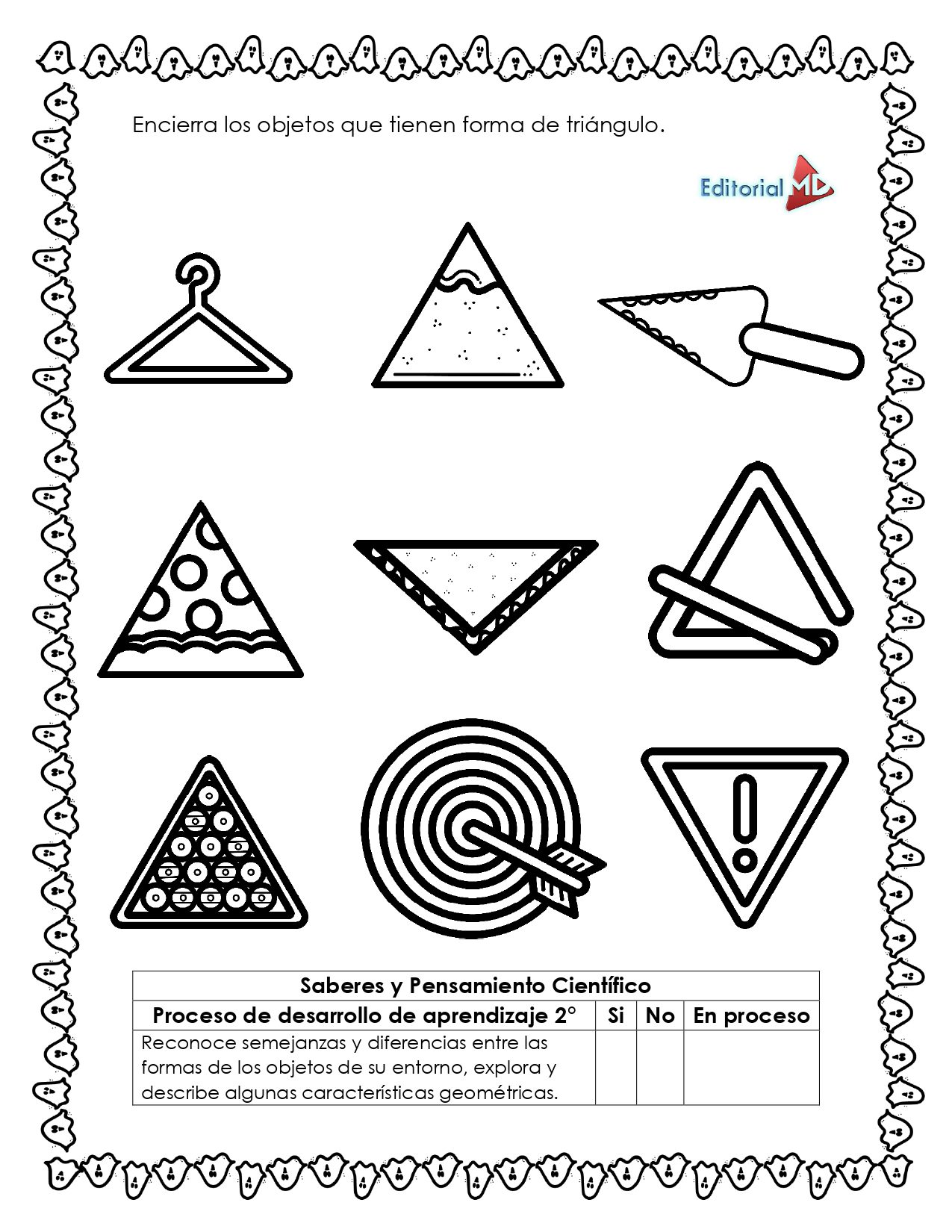 Cuadernillo de Trabajo de las Figuras Geométricas 4 Hoja de trabajo en blanco y negro del Cuadernillo de Trabajo de las Figuras Geométricas para que los niños rodeen triángulos. Incluye imágenes como una rodaja de sandía, una regla, un sombrero de fiesta y una señal de advertencia. Incluye un borde decorativo e instrucciones en español.