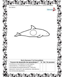 Hojas de Trabajo para Elaborar un Títere 11 Hojas de Trabajo para Elaborar un Títere: Hoja en blanco y negro con un delfín centrado, círculo punteado en el lateral e instrucciones en español para colorear, recortar y crear un títere. Bordeada con estrellas. Ideal para actividades creativas.