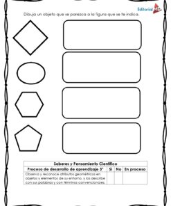 El Cuadernillo de Trabajo para Trabajar Figuras y Cuerpos Geométricos incluye una hoja con cuatro figuras (rombo, óvalo, pentágono, hexágono) y rectángulos en blanco para dibujar objetos similares, más instrucciones y tabla en español.