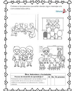 El Cuadernillo de Trabajo de los Residuos Orgánicos e Inorgánicos es un cuaderno en blanco y negro con tres ilustraciones de escenas educativas, bordes de corazones, instrucciones y una tabla de progreso en la parte inferior.