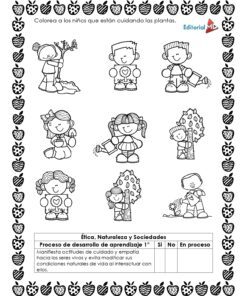 Una hoja para colorear en blanco y negro muestra a seis niños, algunos cuidando plantas. Las instrucciones piden colorear sólo a los niños que cuidan plantas. En la parte inferior hay una tabla para marcar el progreso del aprendizaje. La página está bordeada de iconos de frutas.