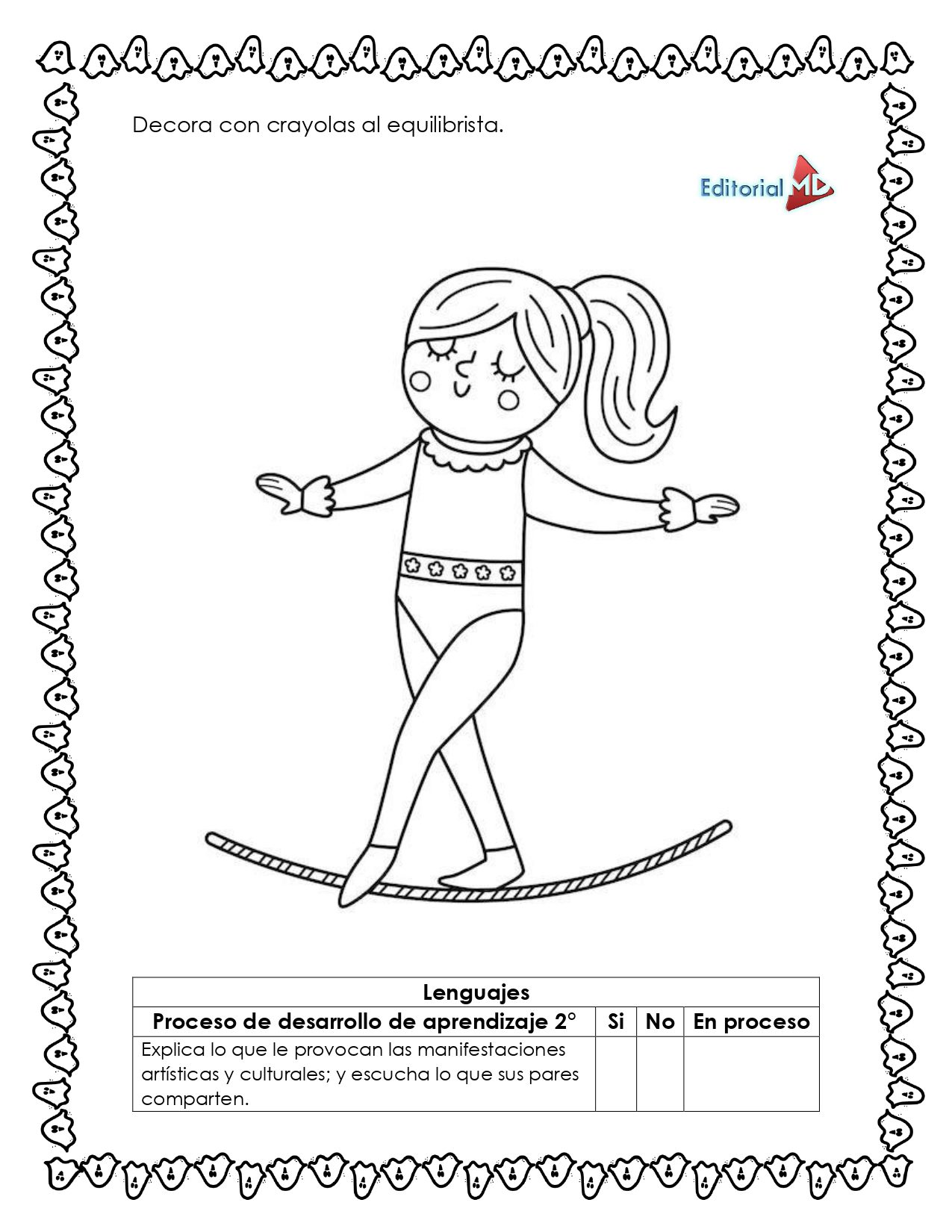 Cuadernillo de Trabajo de las Figuras Geométricas 5 Página para colorear en blanco y negro del "Cuadernillo de Trabajo de las Figuras Geométricas": una niña sonriendo con los ojos cerrados, los brazos extendidos sobre una cuerda floja. Borde geométrico decorativo y recuadro para notas en la parte inferior, ideal para actividades de aprendizaje.