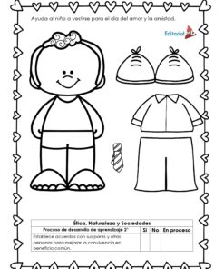 Planeación Corazón de la Amistad para Preescolar 17 Planeación Corazón de la Amistad para Preescolar: página para colorear en blanco y negro con niño, ropa y sombreros, borde de corazón y texto en español para vestir al niño en el Día del Amor y la Amistad. Ideal para actividades divertidas.