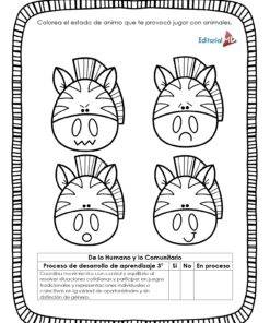 Hojas de Trabajo Imitamos Animales muestra cuatro cebras de dibujos animados con diferentes expresiones en un marco. Los niños colorean la cebra según su estado de ánimo. En la parte inferior se incluyen casillas de evaluación y notas educativas.