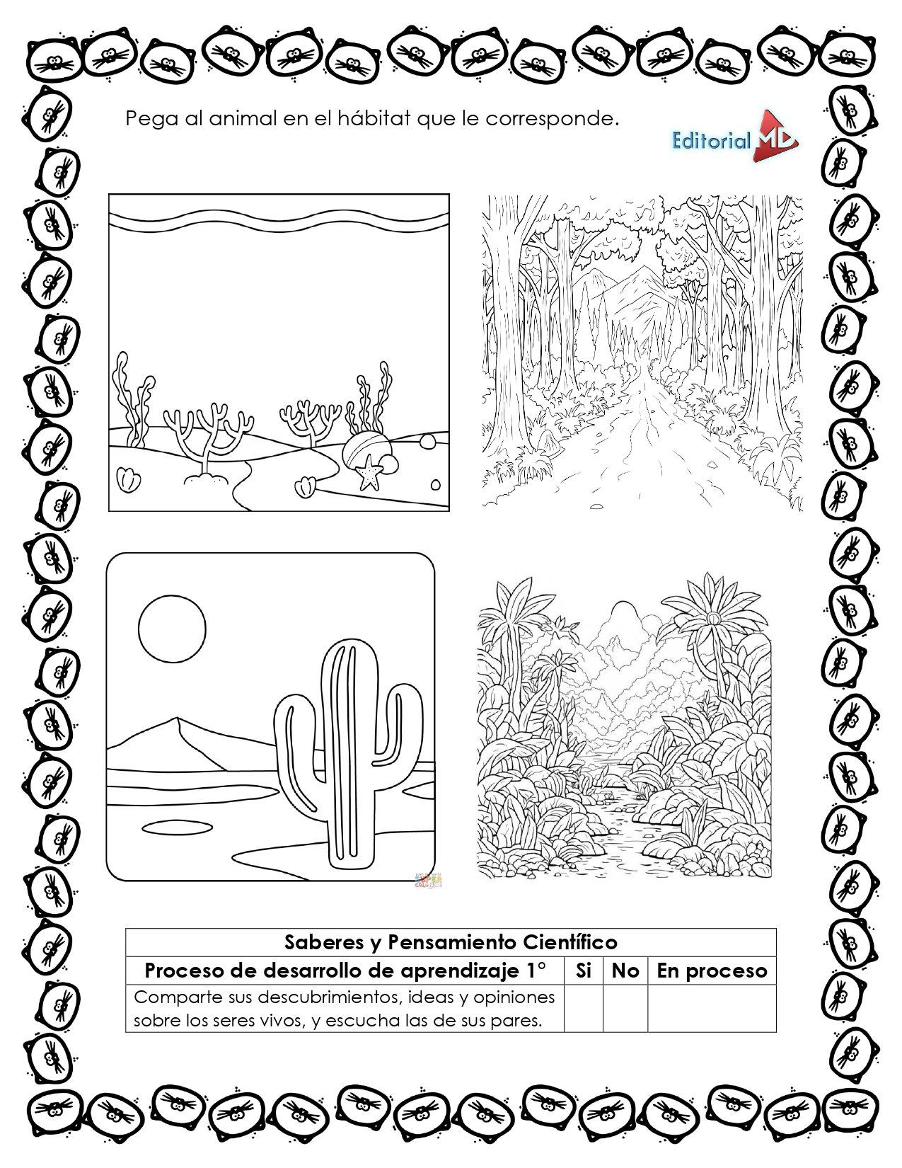 Cuadernillo de Trabajo para Conocer a los Animales 6 Tres dibujos en blanco y negro del "Cuadernillo de Trabajo para Conocer a los Animales" muestran un desierto con cactus, un bosque con árboles y un lago. El borde tiene huellas, y las instrucciones en español piden relacionar los animales con sus hábitats.