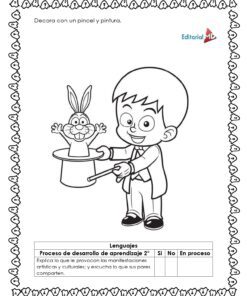 Cuadernillo de Trabajo de las Figuras Geométricas 11 Un niño mago saca un conejo sonriente de una chistera en esta imagen para colorear en blanco y negro con figuras geométricas. Incluye tabla de evaluación e instrucciones en español, perfecto para el Cuadernillo de Trabajo de las Figuras Geométricas.