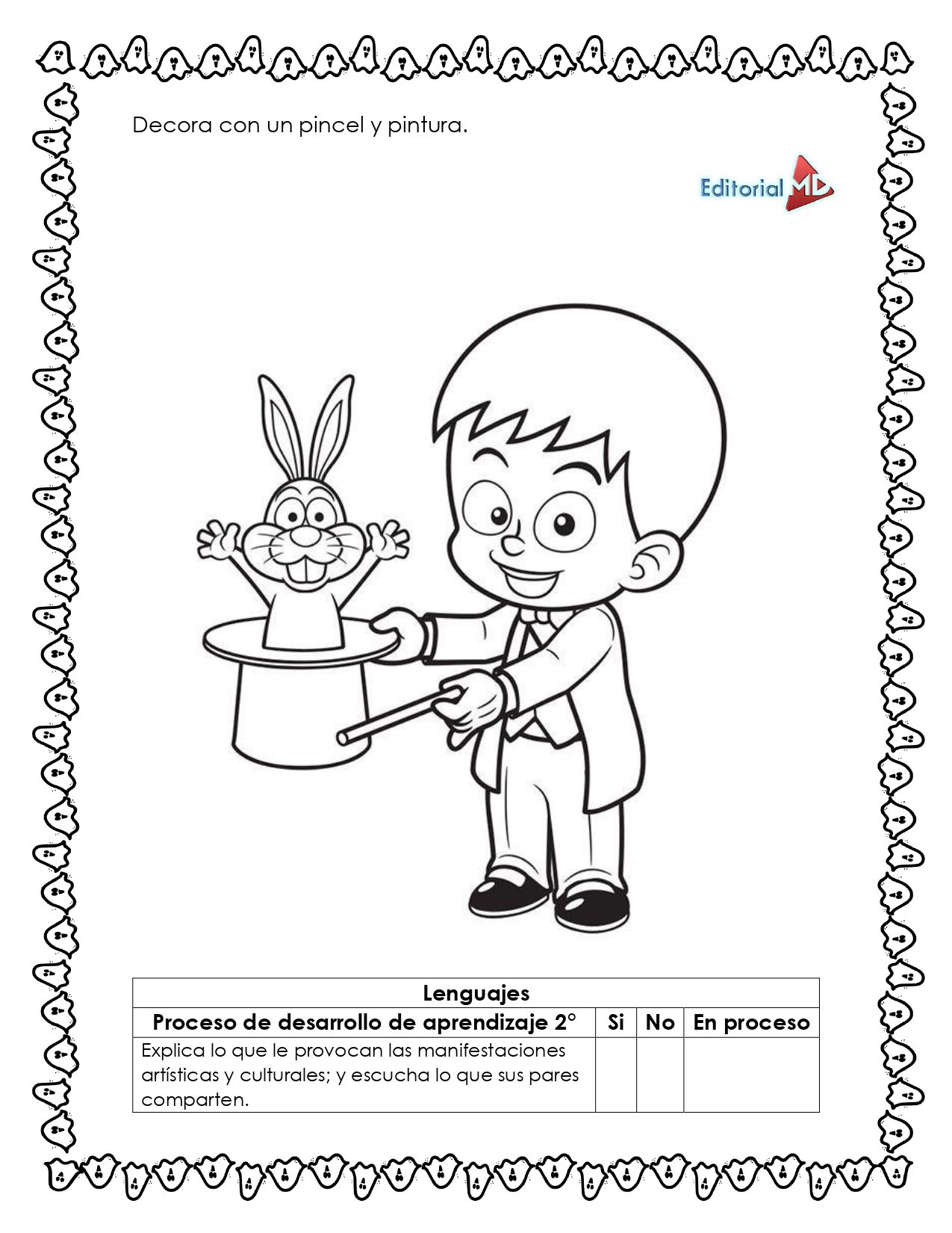 Cuadernillo de Trabajo de las Figuras Geométricas 6 Un niño mago saca un conejo sonriente de una chistera en esta imagen para colorear en blanco y negro con figuras geométricas. Incluye tabla de evaluación e instrucciones en español, perfecto para el Cuadernillo de Trabajo de las Figuras Geométricas.