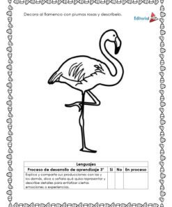 Cuadernillo de Trabajo para trabajar la Descripción 11 Contorno en blanco y negro de un flamenco sobre una pata con un borde de plumas. El Cuadernillo de Trabajo para trabajar la DE invita a los niños a decorar el flamenco con plumas rosas y a describirlo. Incluye una caja de actividades para aprender idiomas.