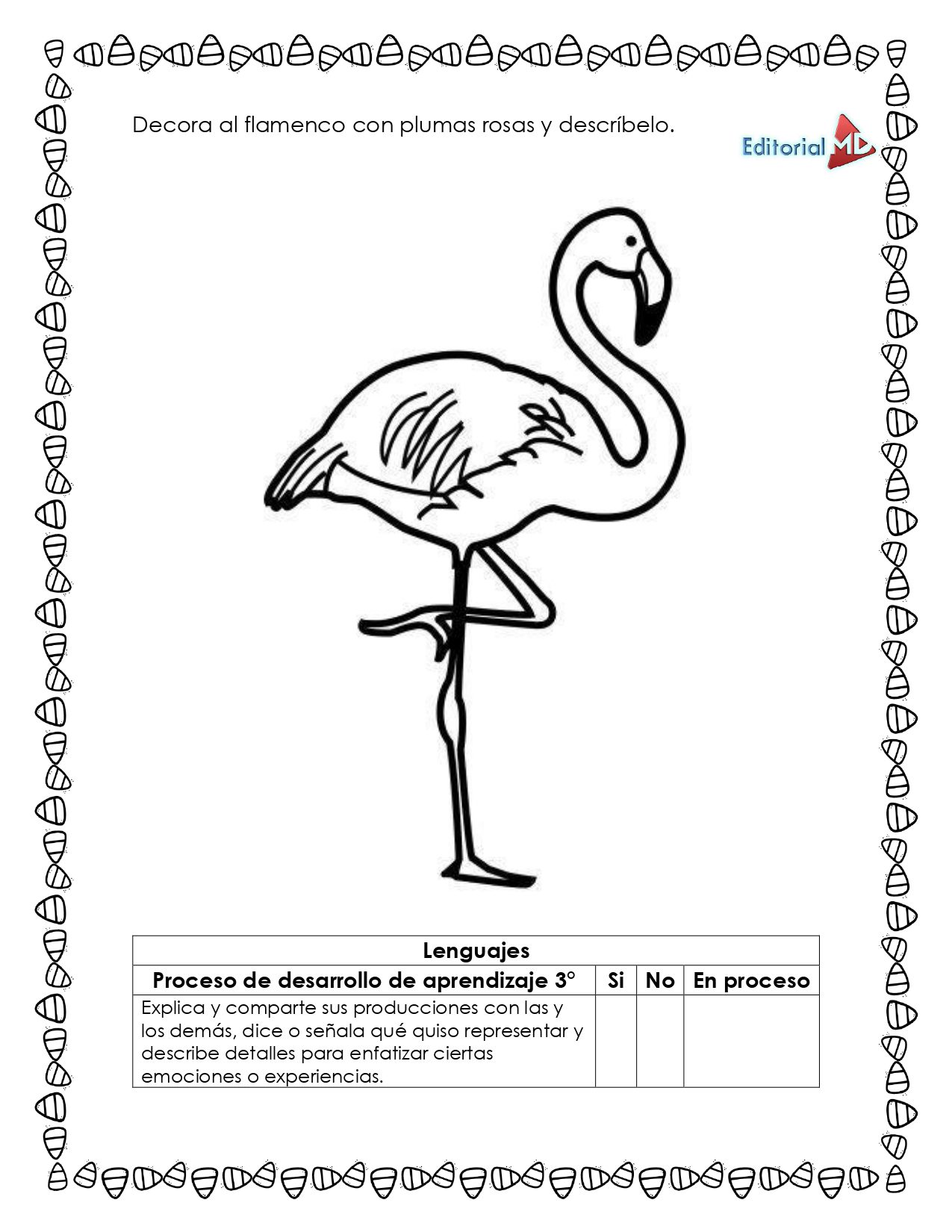 Cuadernillo de Trabajo para trabajar la Descripción 6 Contorno en blanco y negro de un flamenco sobre una pata con un borde de plumas. El Cuadernillo de Trabajo para trabajar la DE invita a los niños a decorar el flamenco con plumas rosas y a describirlo. Incluye una caja de actividades para aprender idiomas.