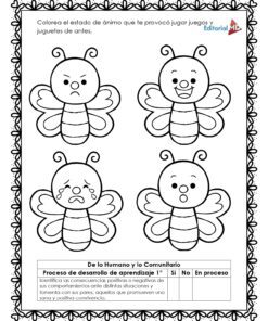 Cuatro abejas de dibujos animados muestran emociones -triste, enfadado, feliz y sorprendido- en una página con un borde decorativo e instrucciones en español del 