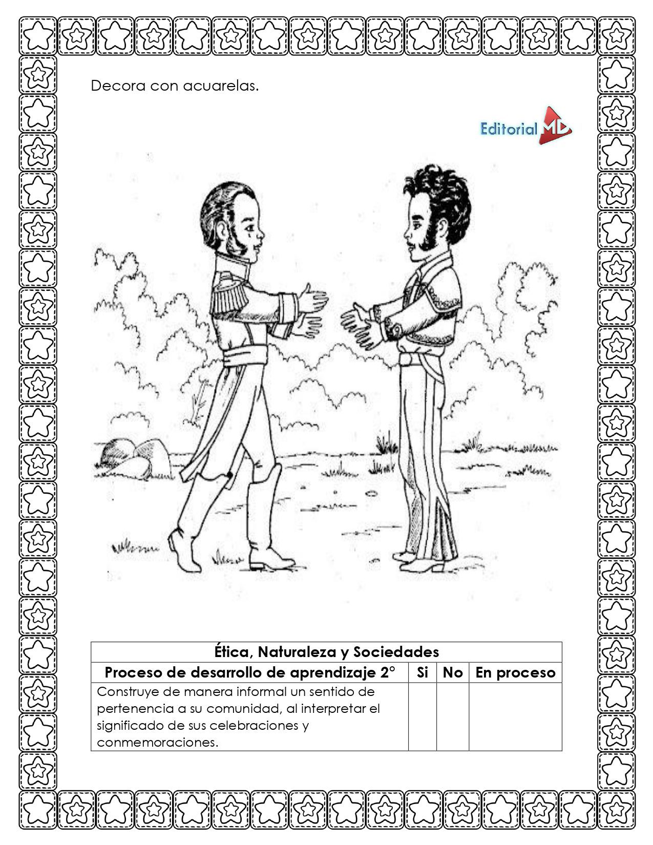 Hojas de Trabajo de la Independencia de México 2 Dos hombres con uniformes militares históricos se dan la mano al aire libre junto a un árbol y unas colinas. Las Hojas de Trabajo de la Independencia de México cuentan con un borde decorativo, una mesa educativa y actividades de acuarela para el aprendizaje educativo.