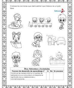 Hojas de Trabajo de la Independencia de México 8 Hojas de Trabajo de la Independencia de México: Página para colorear en blanco y negro que muestra a niños jugando, leyendo, trabajando en el jardín y comprando. El título en español indica acciones para colorear relacionadas con la Independencia de México. Presenta un borde decorativo en forma de estrella.