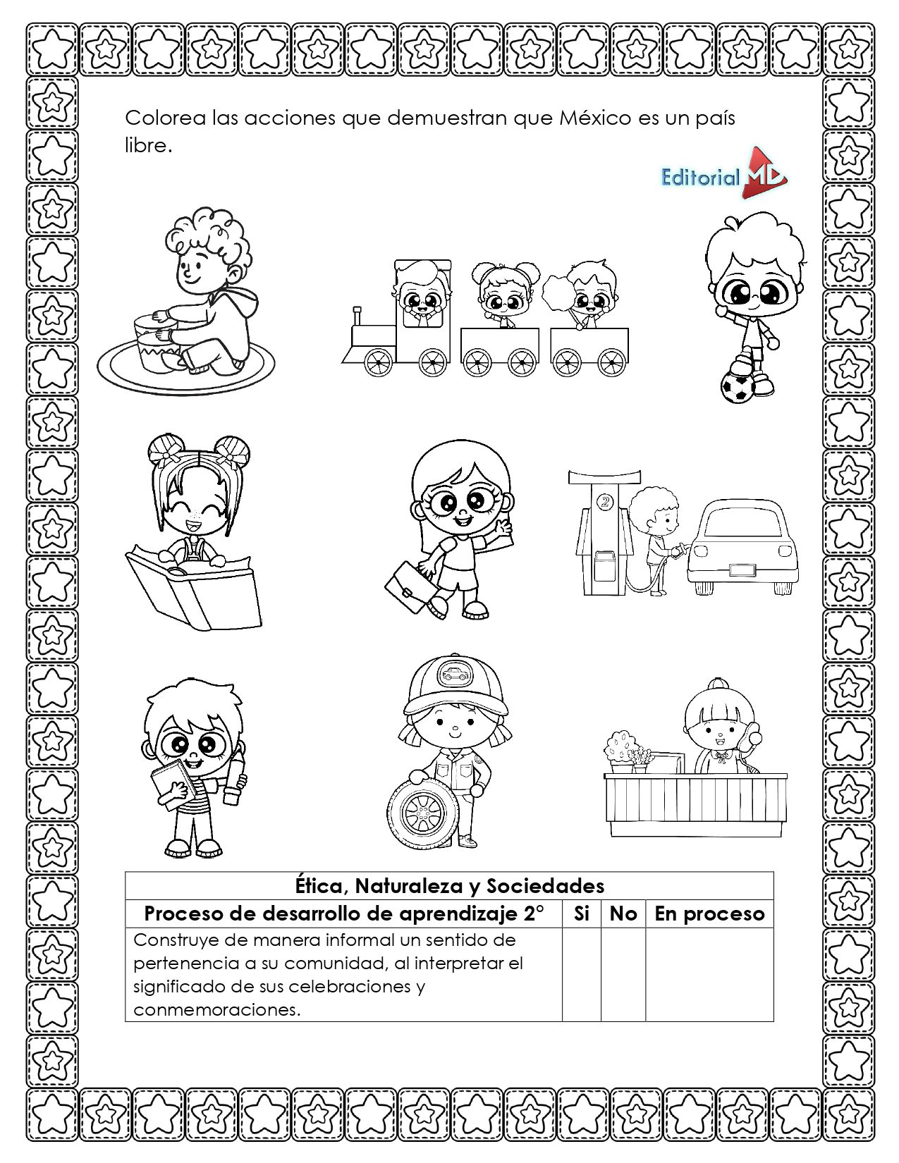 Hojas de Trabajo de la Independencia de México 3 Hojas de Trabajo de la Independencia de México: Página para colorear en blanco y negro que muestra a niños jugando, leyendo, trabajando en el jardín y comprando. El título en español indica acciones para colorear relacionadas con la Independencia de México. Presenta un borde decorativo en forma de estrella.