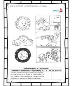 La hoja de trabajo en blanco y negro del Cuadernillo de Trabajo para Conocer la Mañana, Tarde y Noche presenta cuatro escenas -niña despertándose, comiendo, bañándose, acostándose- con ilustraciones del sol, la luna y el gato de la tele para enseñar la mañana, la tarde y la noche.