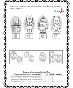 Cuadernillo de Trabajo El Mercado para Preescolar: actividad en español donde los niños asocian cuatro juguetes con sus precios, uniendo cada juguete con la cantidad correcta de monedas para comprarlo.
