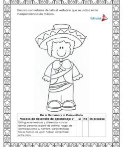 Hojas de Trabajo de la Independencia de México 10 Hojas de Trabajo de la Independencia de México: Dibujo en blanco y negro de niño sonriente con traje típico, ideal para actividades educativas. Incluye instrucciones para decorar y una tabla para registrar el progreso del aprendizaje.