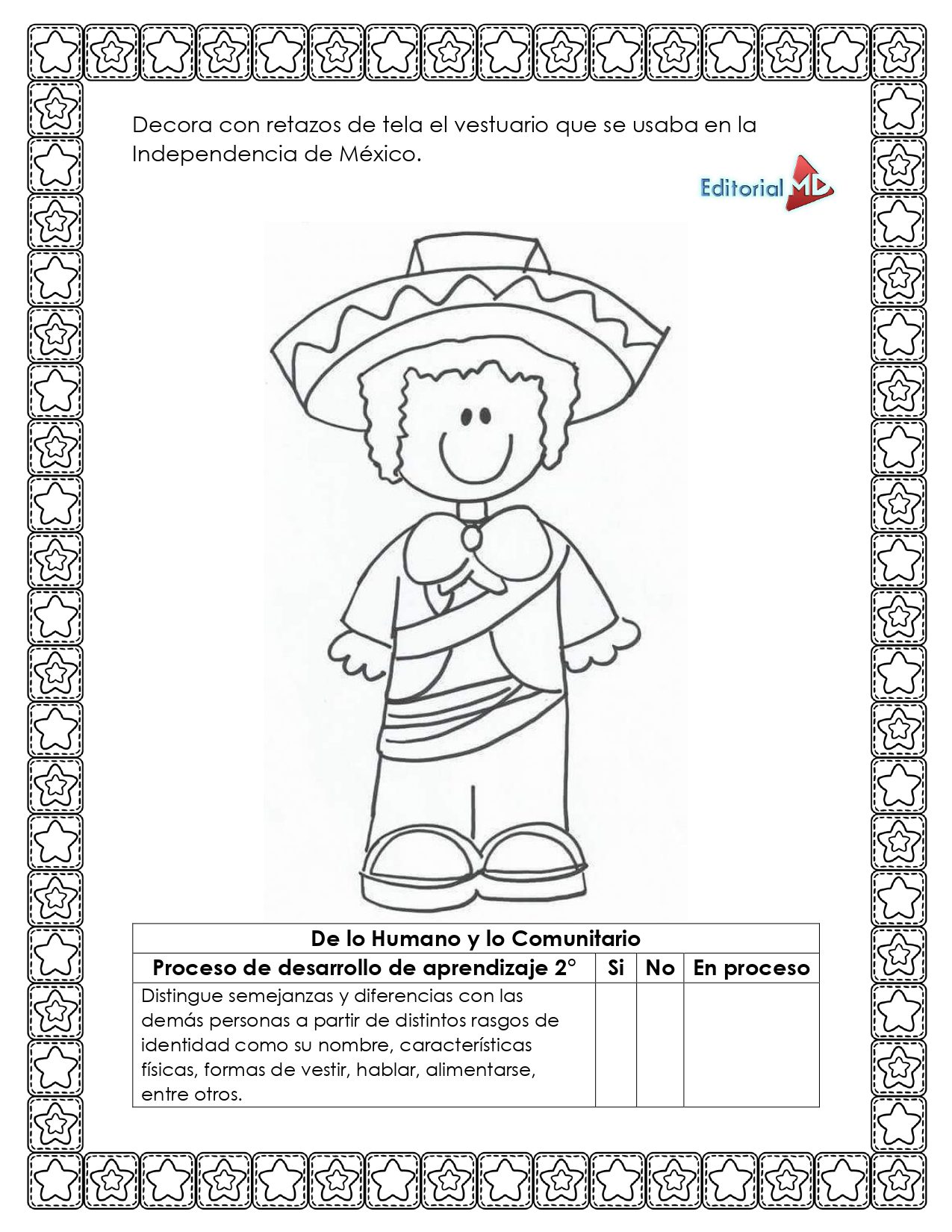 Hojas de Trabajo de la Independencia de México 5 Hojas de Trabajo de la Independencia de México: Dibujo en blanco y negro de niño sonriente con traje típico, ideal para actividades educativas. Incluye instrucciones para decorar y una tabla para registrar el progreso del aprendizaje.