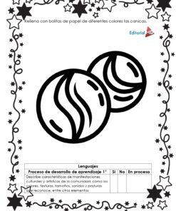 Hojas de Trabajo de los Colores 10 Ilustración en blanco y negro de dos canicas en un borde de estrella. Las instrucciones piden llenar las canicas con bolas de papel de colores. En la tabla siguiente se explica el proceso de aprendizaje de idiomas utilizando Hojas de Trabajo los Colores.