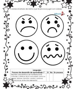 Hojas de Trabajo de los Colores 11 Hojas de Trabajo los Colores presenta cuatro caras de dibujos animados en blanco y negro que muestran emociones alegres, tristes, confusas y preocupadas. Con un borde en forma de estrella, instrucciones para colorear en español según el estado de ánimo y una tabla de aprendizaje en la parte inferior.