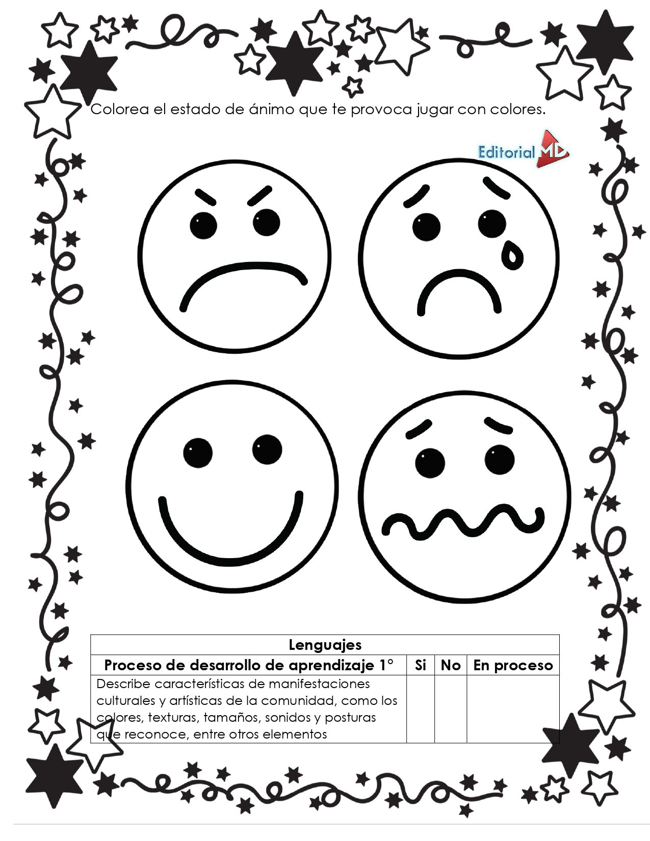 Hojas de Trabajo de los Colores 6 Hojas de Trabajo los Colores presenta cuatro caras de dibujos animados en blanco y negro que muestran emociones alegres, tristes, confusas y preocupadas. Con un borde en forma de estrella, instrucciones para colorear en español según el estado de ánimo y una tabla de aprendizaje en la parte inferior.