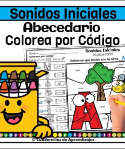 Una colorida hoja de ejercicios titulada "Sonidos Iniciales Abecedario Colorea por Código" muestra una caja de lápices de colores de dibujos animados, una letra A sonriente y un niño coloreando una hoja de ejercicios sobre palabras que empiezan por "A".