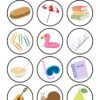Una cuadrícula de doce círculos, cada uno de los cuales contiene una ilustración: bocadillo, sombrilla de playa, libros, clips, flotador de flamenco rosa, regla, plato de sopa, riñón, cuaderno, guitarra, caracol y pera.