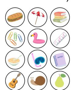 Una cuadrícula de doce círculos, cada uno de los cuales contiene una ilustración: bocadillo, sombrilla de playa, libros, clips, flotador de flamenco rosa, regla, plato de sopa, riñón, cuaderno, guitarra, caracol y pera.