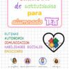 Portada de un cuaderno de actividades para alumnos autistas, con texto en color, un corazón con piezas de puzzle e iconos de redes sociales de seis creadores en la parte inferior. Los temas principales son las rutinas, la autonomía y las emociones.