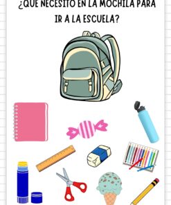Ilustración de una mochila, una botella de agua, pegamento en barra, lápiz, tijeras, goma de borrar, sacapuntas, regla, cuaderno, lápices de colores y un helado, bajo la pregunta: 