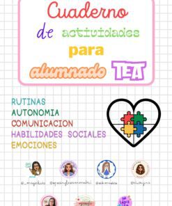 Portada de un cuaderno de actividades para alumnos autistas, con texto en color, un corazón con piezas de puzzle e iconos de redes sociales de seis creadores en la parte inferior. Los temas principales son las rutinas, la autonomía y las emociones.