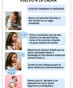 Guía ilustrada de ejercicios para calmarse usando un peluche. Muestra imágenes de una niña abrazando un peluche y pasos detallados para calmarse respirando y contando abrazos.