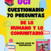 Colorida portada de un libro cuestionario titulado "OCI Cuestionario 70 Preguntas de lo Humano y lo Comunitario," con ilustraciones de libros, lápices, una manzana, y una pequeña foto del libro "Nuestros saberes.