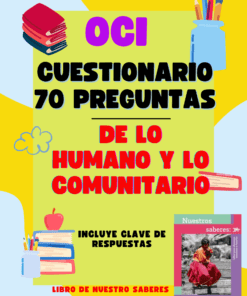 Colorida portada de un libro cuestionario titulado "OCI Cuestionario 70 Preguntas de lo Humano y lo Comunitario," con ilustraciones de libros, lápices, una manzana, y una pequeña foto del libro "Nuestros saberes.