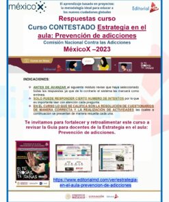Folleto informativo Respuestas Curso Estrategia en el aula: Prevención de adicciones MéxicoX SEP 2023. Incluye instrucciones, detalles del curso y enlace al sitio web de Editorial MD para más información. Los logos de MéxicoX y Editorial MD se encuentran en la parte superior.