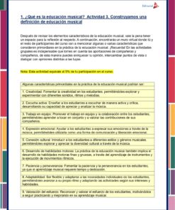 Un documento en español que detalla una actividad sobre Respuestas Curso Educación musical en México (USICAMM 2024). La página presenta texto en secciones resaltadas en amarillo y una imagen de un trofeo con notas musicales, que simboliza el próximo evento USICAMM 2024. El encabezado es azul y los márgenes son coloridos, lo que realza el atractivo visual.