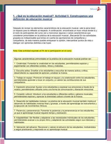 Un documento en español que detalla una actividad sobre Respuestas Curso Educación musical en México (USICAMM 2024). La página presenta texto en secciones resaltadas en amarillo y una imagen de un trofeo con notas musicales, que simboliza el próximo evento USICAMM 2024. El encabezado es azul y los márgenes son coloridos, lo que realza el atractivo visual.
