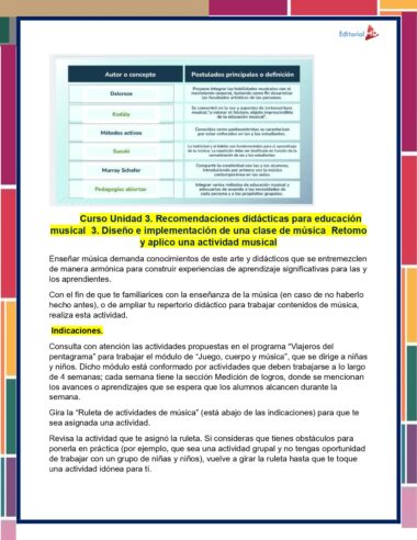 Un documento en español titulado "Respuestas Curso Educación musical en México (USICAMM 2024)" describe métodos para la enseñanza de música en México, enfocándose en el desarrollo de contenidos y didácticas educativas. Incluye sugerencias de actividades, indicaciones didácticas y se alinea con los lineamientos de USICAMM 2024.