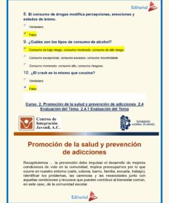 Una página de cuestionarios de 2023 sobre el uso de sustancias y la prevención de adicciones. Las preguntas están resaltadas e indican si las respuestas son verdaderas o falsas. La página también presenta logotipos de Editorial ML, Centros de Integración Juvenil A.C. y Curso Contestado Prevención de Adicciones Tecnológico Nacional de México 2023.