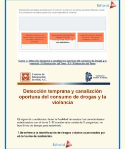 Un cartel educativo vertical con encabezado de Editorial MD y logotipos de Centros de Integración Juvenil, Universidad Nacional Autónoma de México y Tecnológico Nacional de México. El Curso Contestado Prevención de Adicciones Tecnológico Nacional de México 2023 aborda la detección temprana y canalización oportuna del consumo de drogas y la violencia, presentando un ejercicio de evaluación.