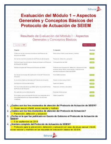 Una captura de pantalla de la página de resultados de un cuestionario titulado "Evaluación del Módulo 1 – Aspectos Generales y Conceptos Básicos del Protocolo de Actuación de SEIEM" que muestra una lista de cinco preguntas con las respuestas correctas resaltadas en verde.