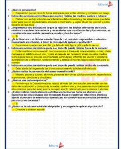 Hoja de trabajo en español con diez preguntas sobre prevención, algunas resaltadas en amarillo. Los logotipos de Editorial MD aparecen como marca de agua en la página. Las preguntas abordan las estrategias de prevención escolar y el rol de docentes, padres y estudiantes.