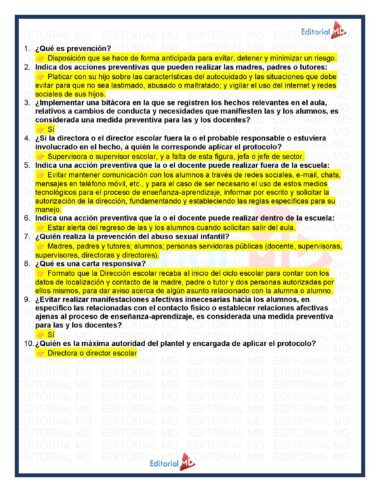 Hoja de trabajo en español con diez preguntas sobre prevención, algunas resaltadas en amarillo. Los logotipos de Editorial MD aparecen como marca de agua en la página. Las preguntas abordan las estrategias de prevención escolar y el rol de docentes, padres y estudiantes.