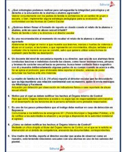 Un documento en español con nueve preguntas y respuestas numeradas sobre la protección del bienestar psicológico de los estudiantes, las políticas escolares y los procedimientos para situaciones como el acoso escolar. Algunas oraciones y frases están resaltadas en amarillo.