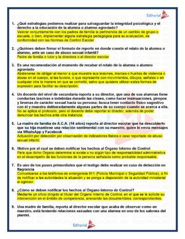 Un documento en español con nueve preguntas y respuestas numeradas sobre la protección del bienestar psicológico de los estudiantes, las políticas escolares y los procedimientos para situaciones como el acoso escolar. Algunas oraciones y frases están resaltadas en amarillo.