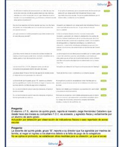 Una hoja de trabajo con cuatro escenarios de acoso escolar; cada uno incluye una pregunta sobre las medidas apropiadas para el profesorado. Dos casos están marcados con acciones, uno en amarillo y otro en verde. La marca de agua y el logotipo de Editorial MD son visibles.